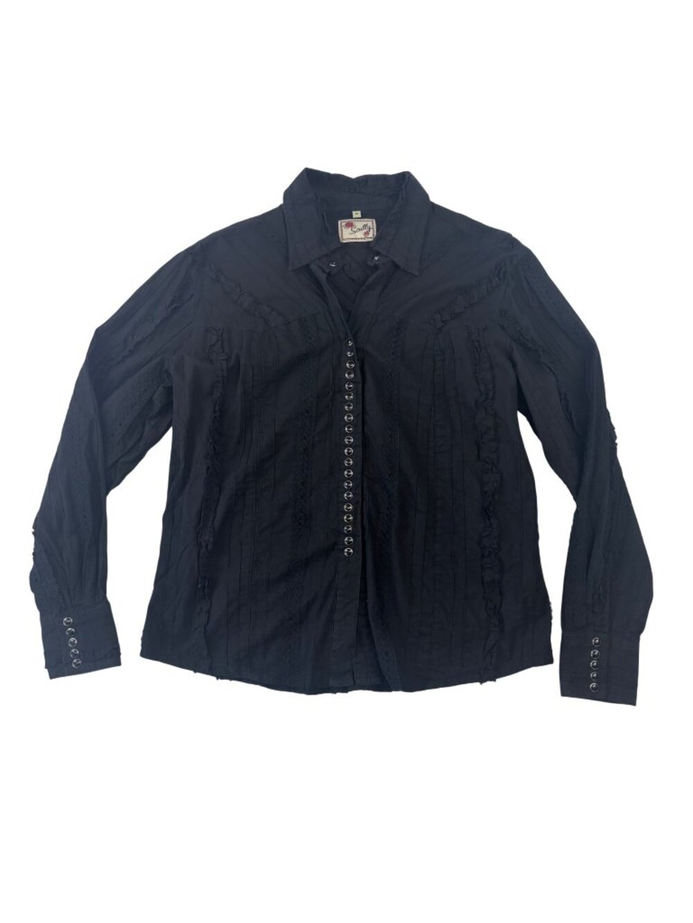 Scully Womens M Black Pearl Snap Up Western Shirt With Lace Trim Ruffles